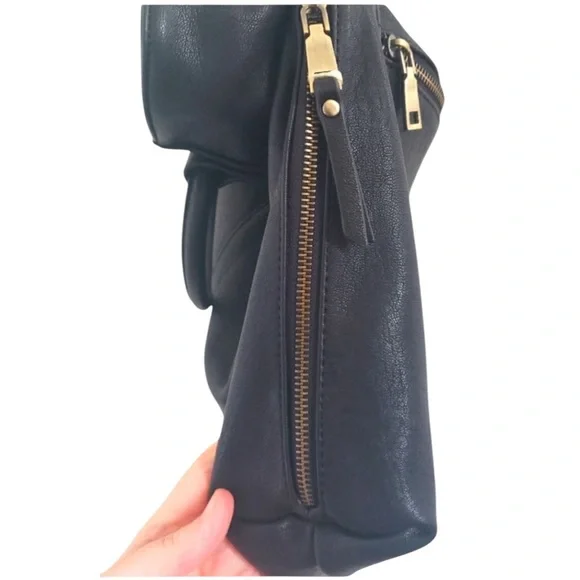 Sasha + Sofi Vegan Hobo Crossbody Bag Dual Handles + Shoulder Strap Black - Picture 5 of 9